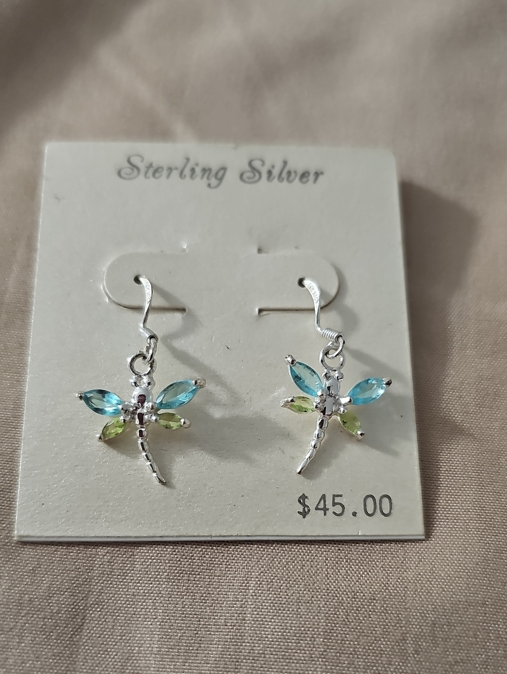 Source Unknown Sterling Silver Blue and Green Dragonfly Dangle Earrings